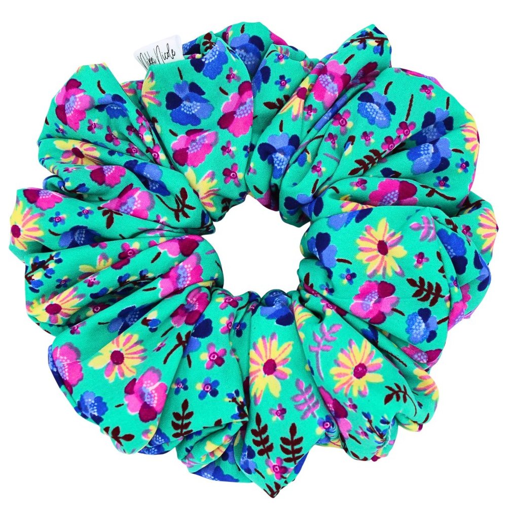 Large Hair Scrunchie, Bohemian Flower Print Hair Scrunchie